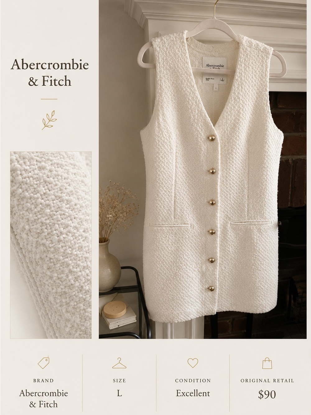 Abercrombie & Fitch Cream Bouclé Button Vest Dress